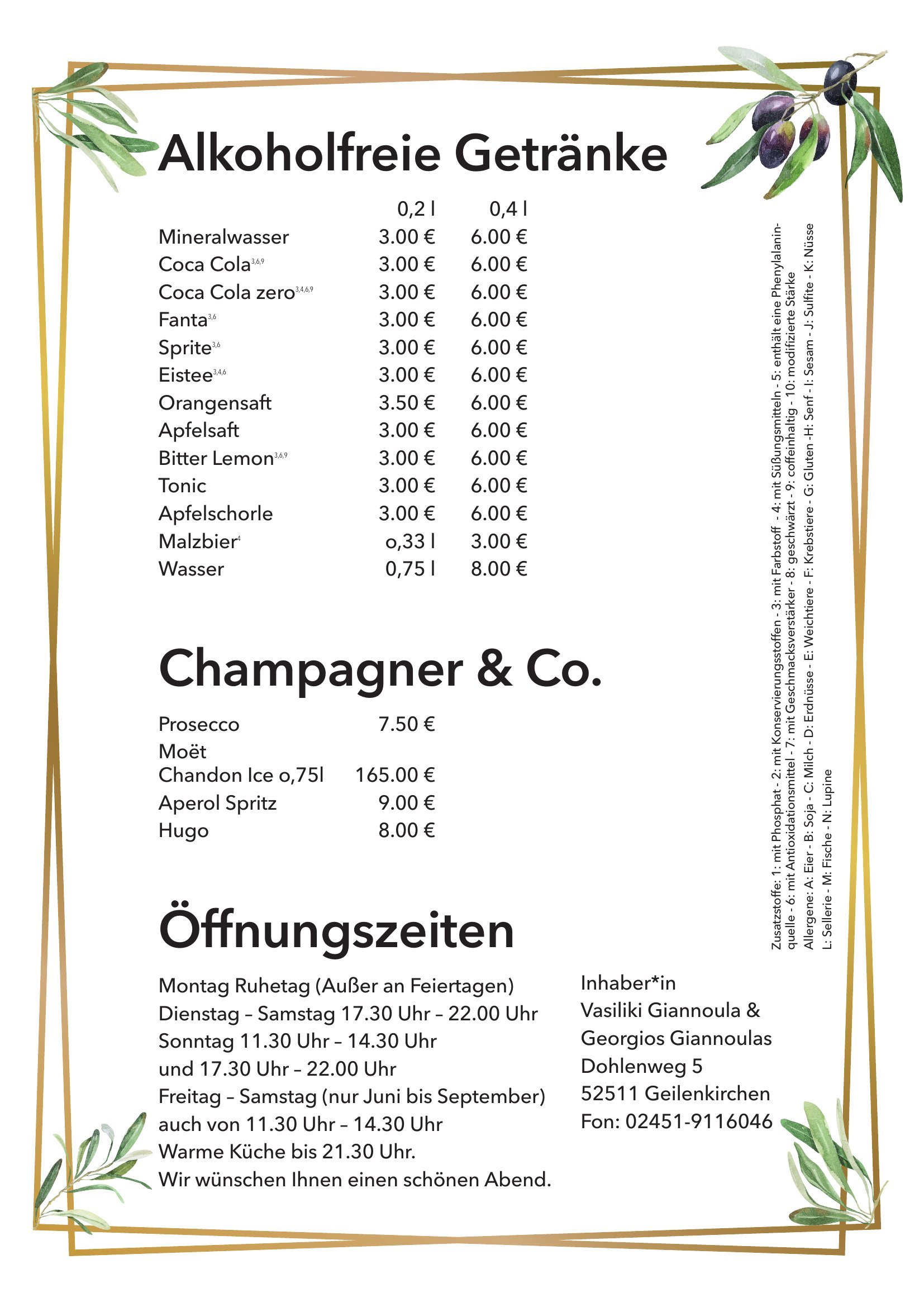 Speisekarte — Alkoholfreie Getränke & Öffnungszeiten