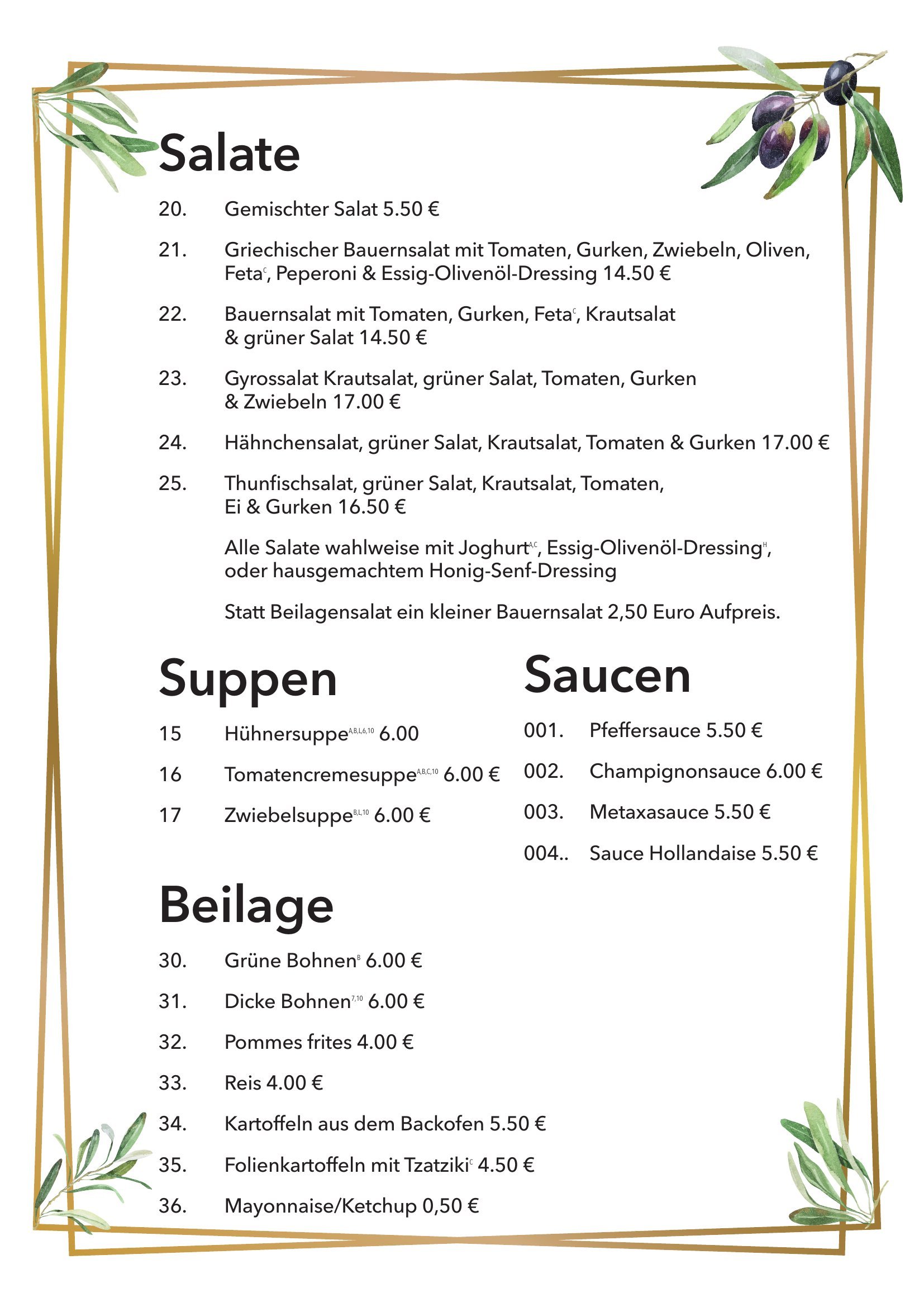 Speisekarte — Salate, Suppen & Beilagen