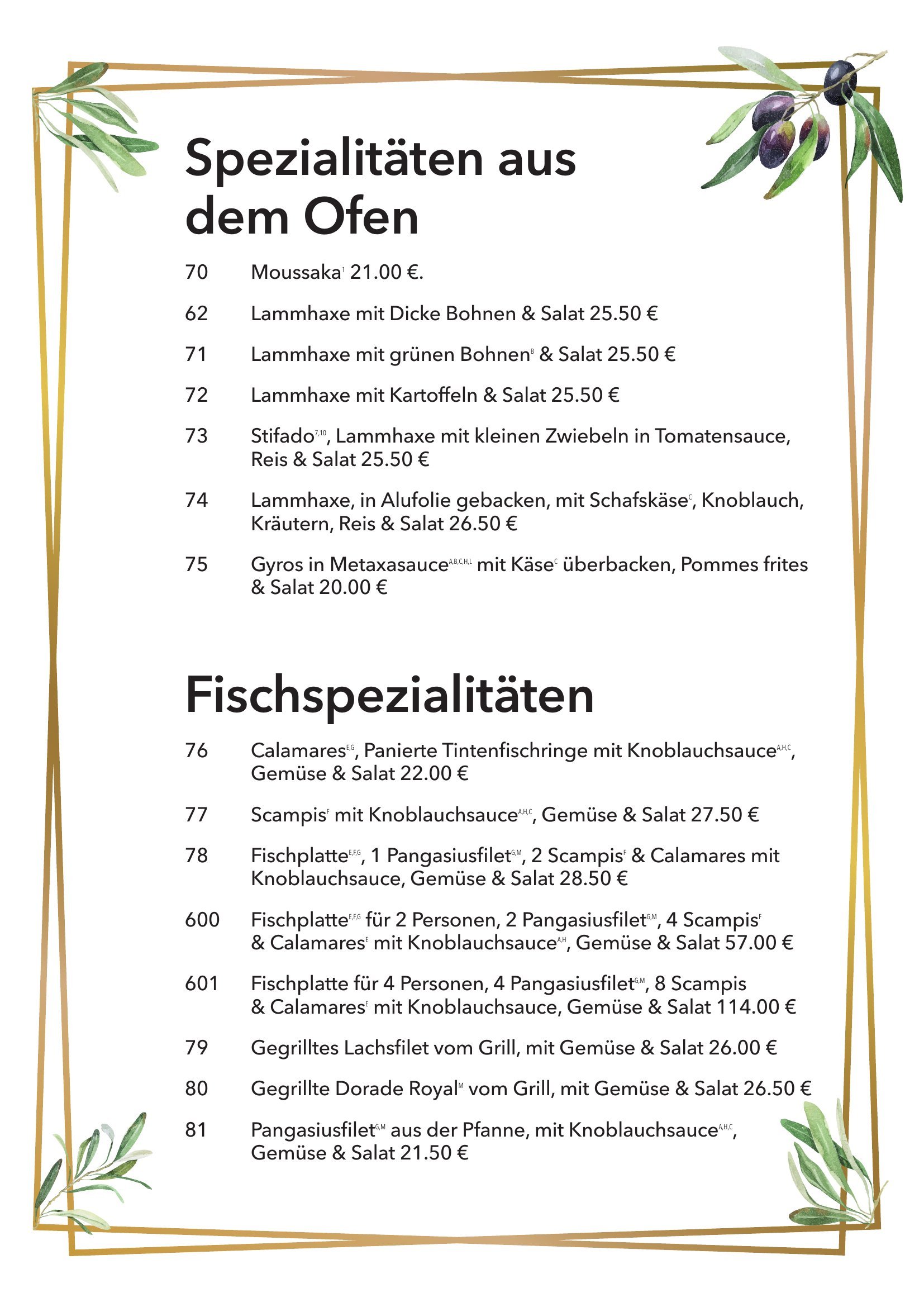 Speisekarte — Aus dem Ofen & Fisch
