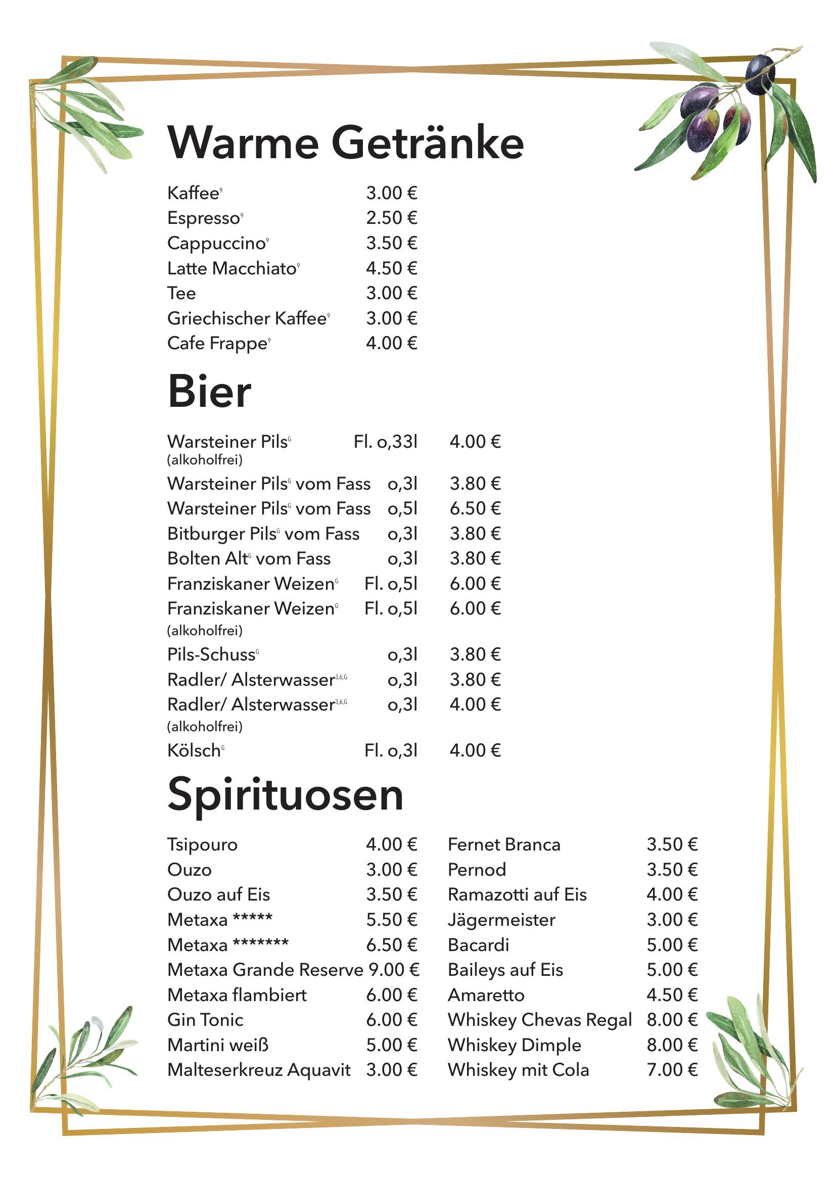Speisekarte — Warme Getränke, Bier & Spirituosen